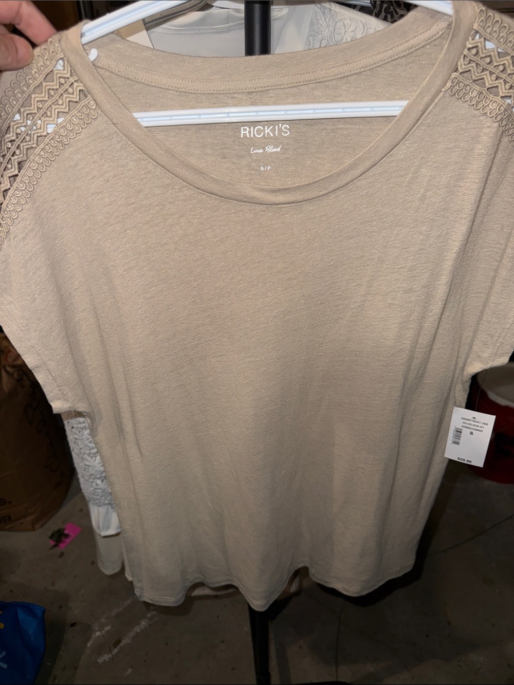 RICKI'S Beige Short Sleeve Tee with Crochet Shoulder Detail